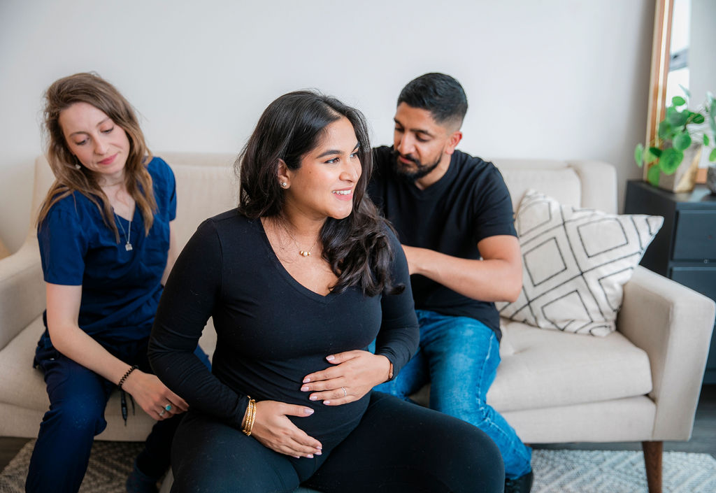 Couple learning labour coping skills in the Confident Birth program